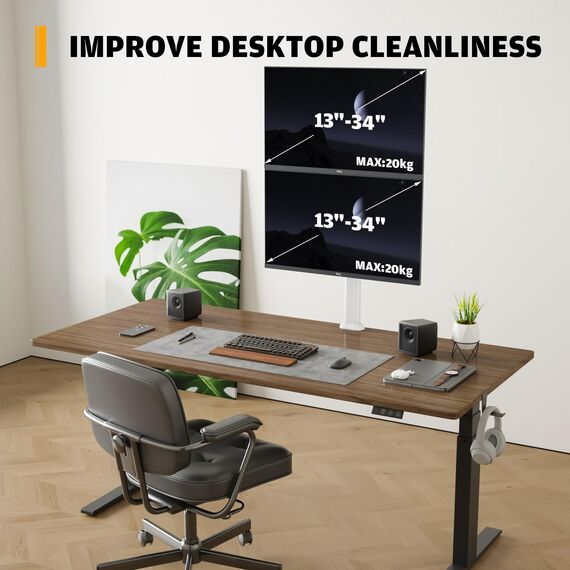 Hemudu Gelenkiger Desktop-Montagearm für Zwei Monitore Vertikaler Bildschirmständer für Zwei 13- bis 34-Zoll-Computermonitore mit C-Klemme