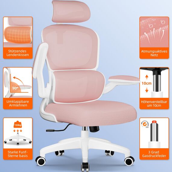 Aiidoits Bürostuhl, Ergonomischer Bürostuhl mit Verstellbarer Kopfstütze, Klappbaren Armlehnen und Lendenwirbelstütze, Wippfunktion bis 135°, Rosa