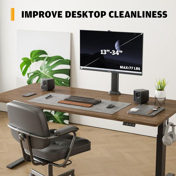 Hemudu Monitorträger für Einzeltisch für 13 Zoll bis 32 Zoll Flach gekrümmter Computerbildschirm mit Schwenken, höhenverstellbar, Drehung, Hält bis zu 35kg, Schwarz