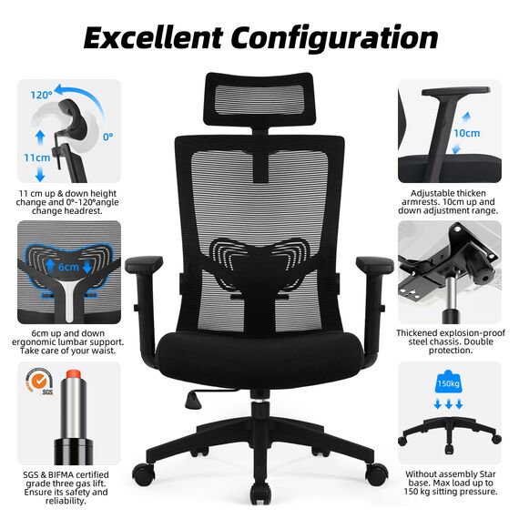 Daccormax Bürostuhl Ergonomisch, Schreibtischstuhl mit Verstellbarer Kopfstütze, Armlehnen, Lendenwirbelstütze, Drehstuhl Wippfunktion, Chefsessel aus Mesh,Rückenschonend, Bürostuhl 150kg