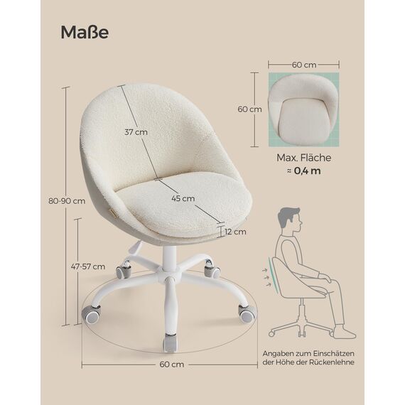 SONGMICS Homeoffice Stuhl, Schminkstuhl aus Sherpa, Schreibtischstuhl, Schaumstoffpolsterung, höhenverstellbar, für Arbeitszimmer, Schlafzimmer, cappuccinobeige-wolkenweiß OBG020W01