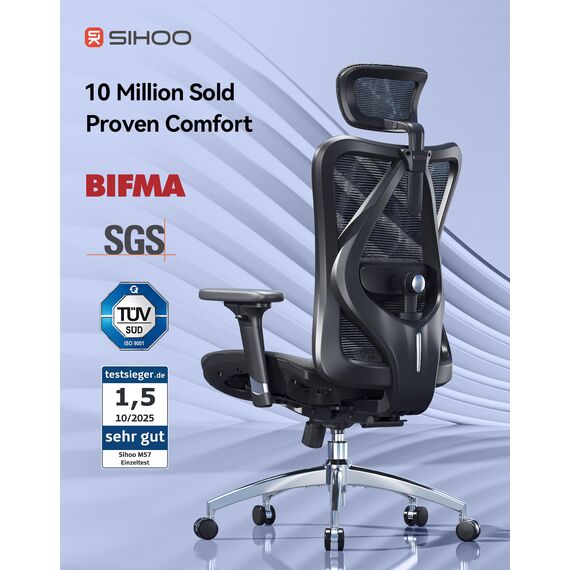 SIHOO M57 Ergonomischer Bürostuhl, Chefsessel mit 3D verstellbare Armlehne und Lendenwirbelstütze, Hautfreundliche Netz-Hochlehne, Schreibtischstuhl bis 150kg/330LB Belastbar(schwarz)