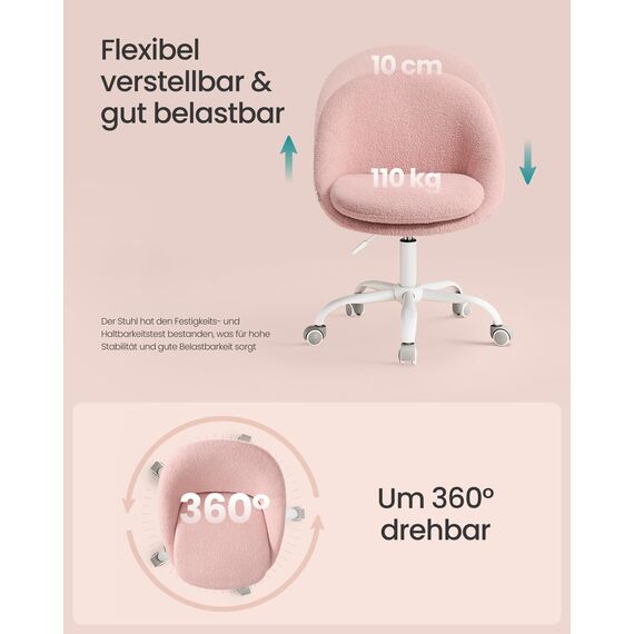 SONGMICS Homeoffice-Stuhl, Schminkstuhl aus Fleece, Schreibtischstuhl, Schaumstoffpolsterung, höhenverstellbar, für Arbeitszimmer, Schlafzimmer, pastellrosa OBG020R03