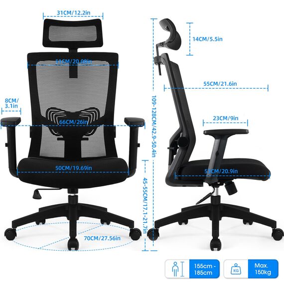 Daccormax Bürostuhl Ergonomisch, Schreibtischstuhl mit Verstellbarer Kopfstütze, Armlehnen, Lendenwirbelstütze, Drehstuhl Wippfunktion, Chefsessel aus Mesh,Rückenschonend, Bürostuhl 150kg