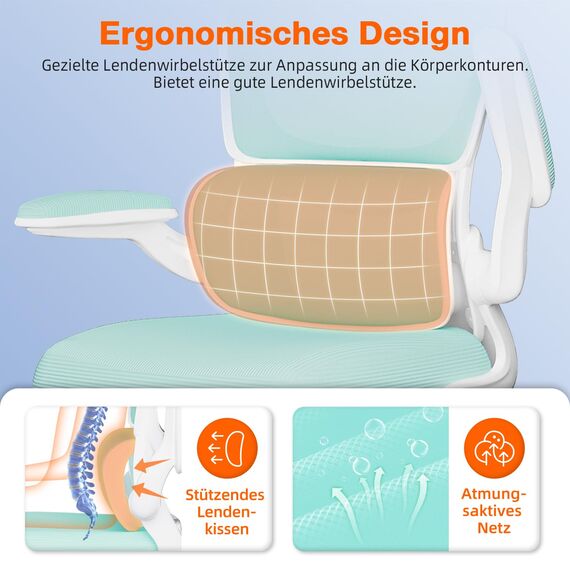 Aiidoits Bürostuhl mit Klappbaren Armlehnen, Lendenwirbelstütze und Höhenverstellbarer, Bürostuhl Ergonomisch 150 kg, Wippfunktion bis 135°, Blaugrün