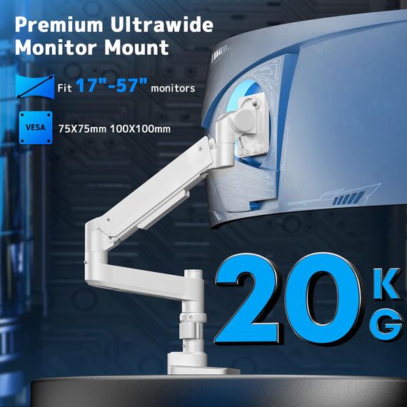 Monitor Halterung 1 Monitore für 17-57 Zoll Flach & Curved Bildschirm, Gasfeder Monitore Tischhalterung Höhenverstellbar Neigbar Schwenkbar, Gewichtskapazität 2-20 kg pro Arm,weiß