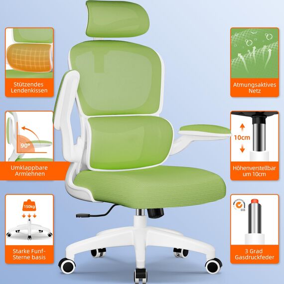 Aiidoits Bürostuhl, Bürostuhl Ergonomisch mit Lendenwirbelstütze, Klappbaren Armlehnen und Höhenverstellbarer, Wippfunktion bis 135°, Chefsessel 150 kg, Grün