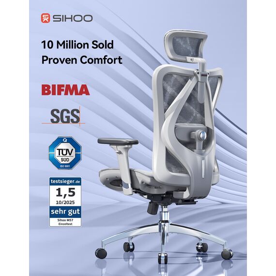 SIHOO M57 Ergonomischer Bürostuhl mit 3-Wege-Armlehnen, Lendenwirbelstütze und Verstellbarer Kopfstütze Hohe Rückenlehne Neigungsfunktion