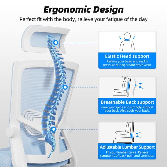 Daccormax Bürostuhl Ergonomischer Bürostuhl mit Verstellbarer Kopfstütze Lendenwirbelstütze Armlehnen Wippfunktion Bürostuhl Bürostuhl Bürostuhl 150 kg