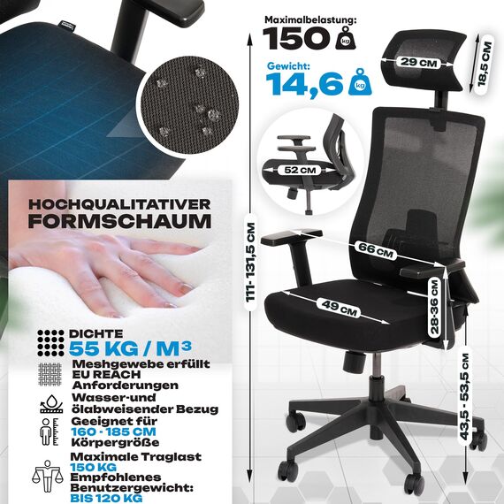 VALKENSTOL M3 Klassik Bürostuhl Ergonomisch Testsieger mit verstellbaren Armlehnen, Schreibtischstuhl mit Lendenwirbelstütze Rückenschonend, Bürostühle mit Kopfstütze, Bürodrehstuhl Office Chair