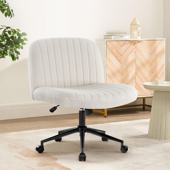 IWMH Bürostuhl ohne Armlehnen,Höhenverstellbar Drehstuhl mit Rollen,Schreibtischstuhl mit Teddy Stoff polsterung,Lesesessel mit breiterem Kissen zum Sitzen im Schneidersitz (Weiß mit Rollen)