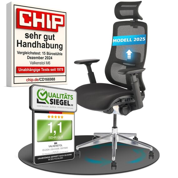 VALKENSTOL M6 Bürostuhl Ergonomisch Testsieger, auch bis 1,95m, Schreibtischstuhl mit Polster-Sitz, Office Chair mit adaptiver Lordosenstütze, Verstellbare Rückenlehne für Gesundes Sitzen, Chefsessel