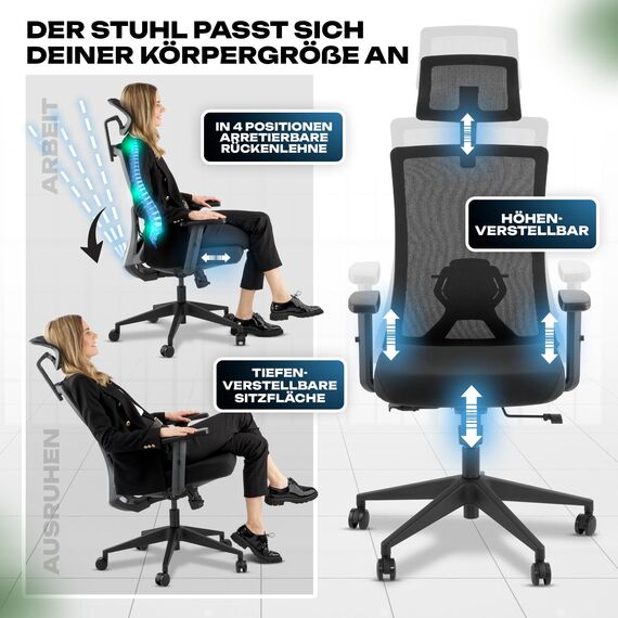 VALKENSTOL M3 Komfort Bürostuhl Ergonomisch Testsieger verstellbare Armlehnen, Schreibtischstuhl mit Lendenwirbelstütze Rückenschonend, Office Chair Bürostühle Verstellbare Sitztiefe Gesundes Sitzen