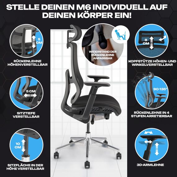 VALKENSTOL M6 Bürostuhl Ergonomisch Testsieger, auch bis 1,95m, Schreibtischstuhl mit Polster-Sitz, Office Chair mit adaptiver Lordosenstütze, Verstellbare Rückenlehne für Gesundes Sitzen, Chefsessel