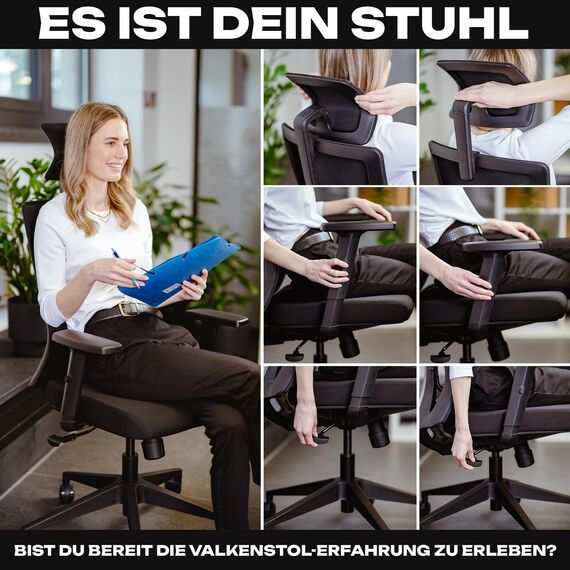 VALKENSTOL M3 Komfort Bürostuhl Ergonomisch Testsieger verstellbare Armlehnen, Schreibtischstuhl mit Lendenwirbelstütze Rückenschonend, Office Chair Bürostühle Verstellbare Sitztiefe Gesundes Sitzen