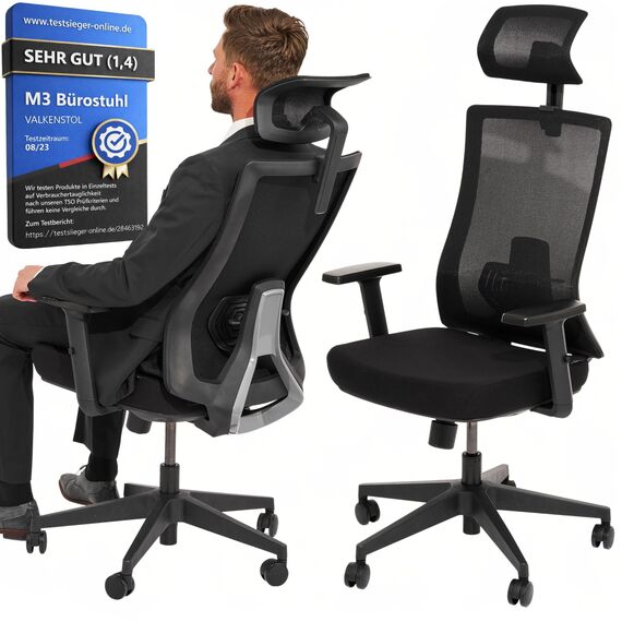 VALKENSTOL M3 Klassik Bürostuhl Ergonomisch Testsieger mit verstellbaren Armlehnen, Schreibtischstuhl mit Lendenwirbelstütze Rückenschonend, Bürostühle mit Kopfstütze, Bürodrehstuhl Office Chair