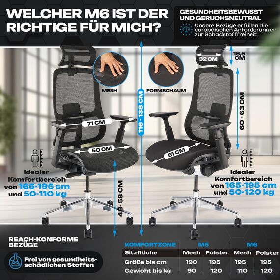 VALKENSTOL M6 Bürostuhl Ergonomisch Testsieger, auch bis 1,95m, Schreibtischstuhl mit Polster-Sitz, Office Chair mit adaptiver Lordosenstütze, Verstellbare Rückenlehne für Gesundes Sitzen, Chefsessel