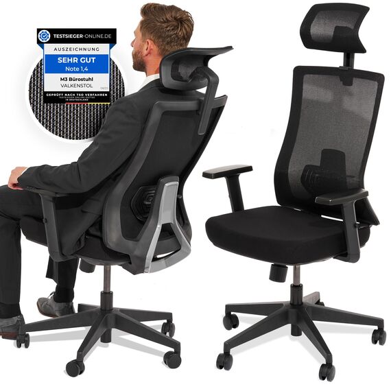 VALKENSTOL M3 Klassik Bürostuhl Ergonomisch Testsieger mit verstellbaren Armlehnen, Schreibtischstuhl mit Lendenwirbelstütze Rückenschonend, Bürostühle mit Kopfstütze, Bürodrehstuhl Office Chair