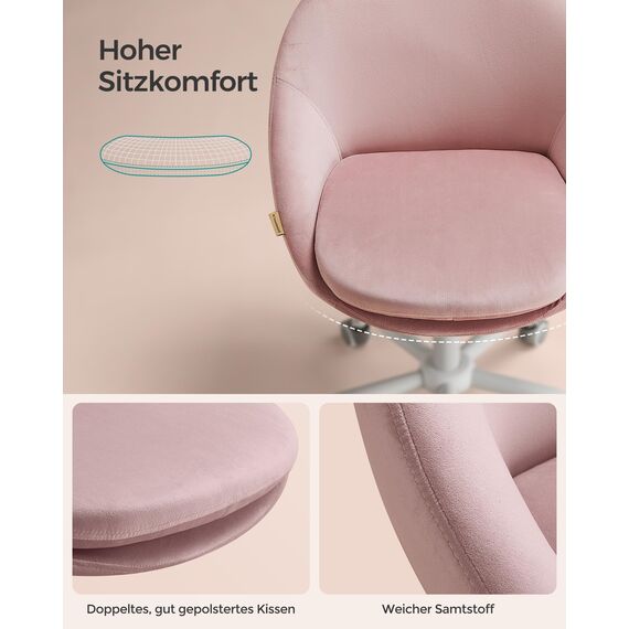 SONGMICS Homeoffice Stuhl, Schminkstuhl aus Samt, Schreibtischstuhl, Schaumstoffpolsterung, höhenverstellbar, für Arbeitszimmer, Schlafzimmer, pastellrosa OBG020R02