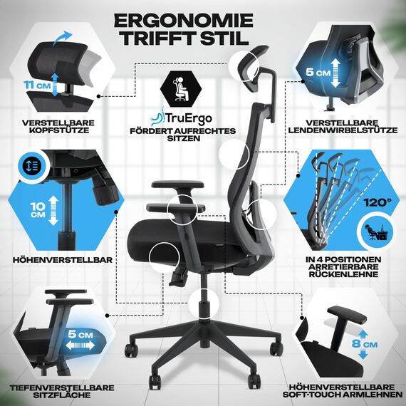 VALKENSTOL M3 Komfort Bürostuhl Ergonomisch Testsieger verstellbare Armlehnen, Schreibtischstuhl mit Lendenwirbelstütze Rückenschonend, Office Chair Bürostühle Verstellbare Sitztiefe Gesundes Sitzen
