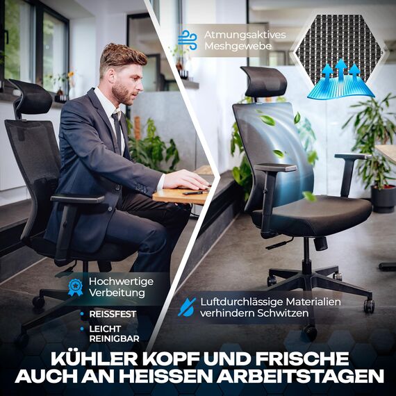 VALKENSTOL M3 Klassik Bürostuhl Ergonomisch Testsieger mit verstellbaren Armlehnen, Schreibtischstuhl mit Lendenwirbelstütze Rückenschonend, Bürostühle mit Kopfstütze, Bürodrehstuhl Office Chair