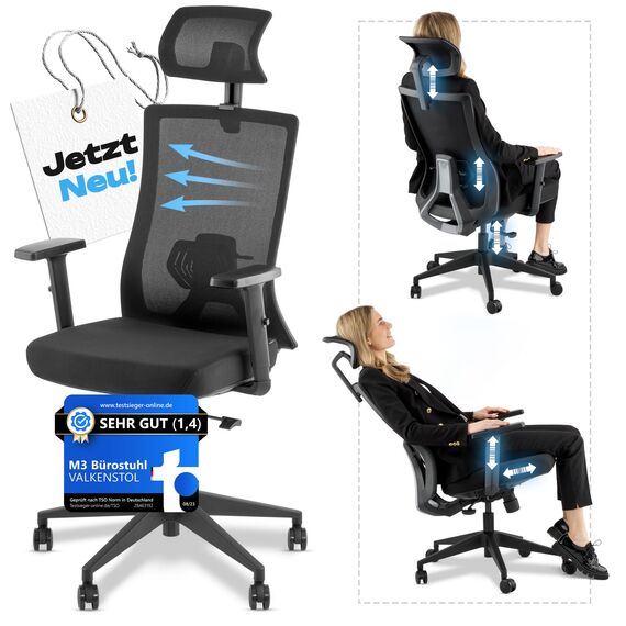 VALKENSTOL M3 Komfort Bürostuhl Ergonomisch Testsieger verstellbare Armlehnen, Schreibtischstuhl mit Lendenwirbelstütze Rückenschonend, Office Chair Bürostühle Verstellbare Sitztiefe Gesundes Sitzen