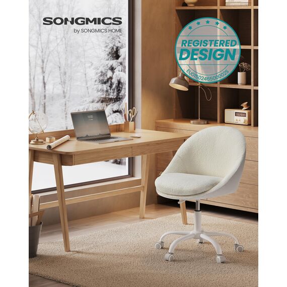 SONGMICS Homeoffice Stuhl, Schminkstuhl aus Sherpa, Schreibtischstuhl, Schaumstoffpolsterung, höhenverstellbar, für Arbeitszimmer, Schlafzimmer, cappuccinobeige-wolkenweiß OBG020W01