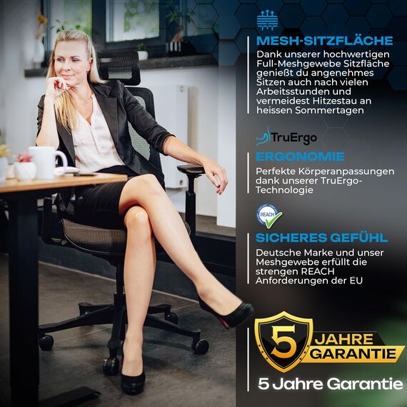 VALKENSTOL M5 Bürostuhl Ergonomisch Testsieger Höhenverstellbare Rückenlehne und Einstellbare Sitztiefe, Mesh-Sitz, Schreibtischstuhl gesunder Rücken auch für Grosse Menschen, Chefsessel