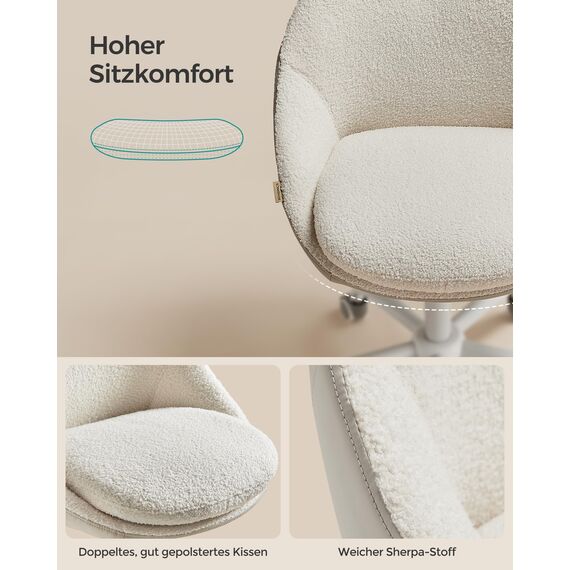 SONGMICS Homeoffice Stuhl, Schminkstuhl aus Sherpa, Schreibtischstuhl, Schaumstoffpolsterung, höhenverstellbar, für Arbeitszimmer, Schlafzimmer, cappuccinobeige-wolkenweiß OBG020W01