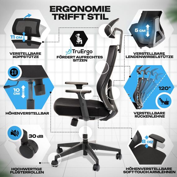 VALKENSTOL M3 Klassik Bürostuhl Ergonomisch Testsieger mit verstellbaren Armlehnen, Schreibtischstuhl mit Lendenwirbelstütze Rückenschonend, Bürostühle mit Kopfstütze, Bürodrehstuhl Office Chair