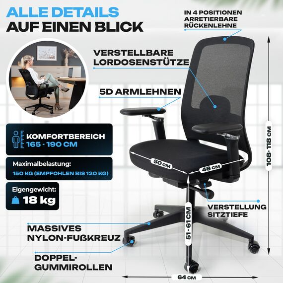 VALKENSTOL M4 Bürostuhl Ergonomisch Testsieger mit 5D Armlehnen für maximale Bewegungsfreiheit, Bequeme und Rückenfreundliche Bürostühle, Schreibtischstuhl ergonomisch als Home Office Chair