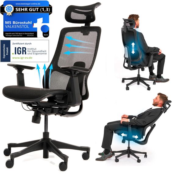 VALKENSTOL M5 Bürostuhl Ergonomisch Testsieger Höhenverstellbare Rückenlehne und Einstellbare Sitztiefe, Mesh-Sitz, Schreibtischstuhl gesunder Rücken auch für Grosse Menschen, Chefsessel