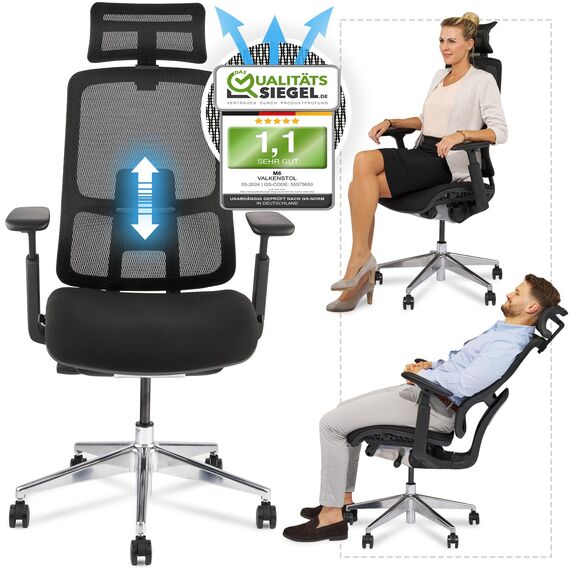 VALKENSTOL M6 Bürostuhl Ergonomisch Testsieger, auch bis 1,95m, Schreibtischstuhl mit Polster-Sitz, Office Chair mit adaptiver Lordosenstütze, Verstellbare Rückenlehne für Gesundes Sitzen, Chefsessel