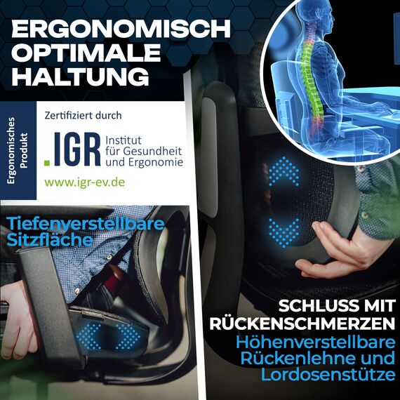 VALKENSTOL M5 Bürostuhl Ergonomisch Testsieger Höhenverstellbare Rückenlehne und Einstellbare Sitztiefe, Mesh-Sitz, Schreibtischstuhl gesunder Rücken auch für Grosse Menschen, Chefsessel