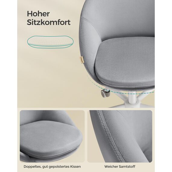 SONGMICS Homeoffice Stuhl, Schminkstuhl aus Samt, Schreibtischstuhl, Schaumstoffpolsterung, höhenverstellbar, für Arbeitszimmer, Schlafzimmer, Taubengrau OBG020G04