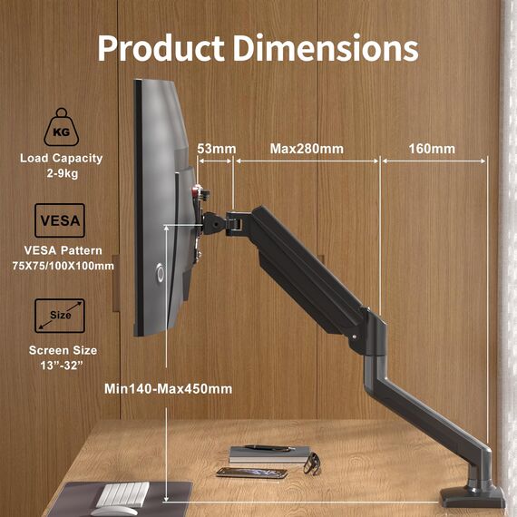 suptek Monitor Halterung für 13-32 Zoll LED LCD Bildschirm bis zu 9 kg, Monitor Arm mit Gasfeder, 360° Drehbar Höhenverstellbar Schwenkbar Neigbar, Monitorhalterung VESA 75x75/100x100 mm, MD01A
