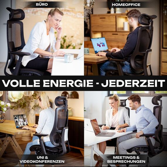 VALKENSTOL M6 Bürostuhl Ergonomisch Testsieger, auch bis 1,95m, Schreibtischstuhl mit Polster-Sitz, Office Chair mit adaptiver Lordosenstütze, Verstellbare Rückenlehne für Gesundes Sitzen, Chefsessel