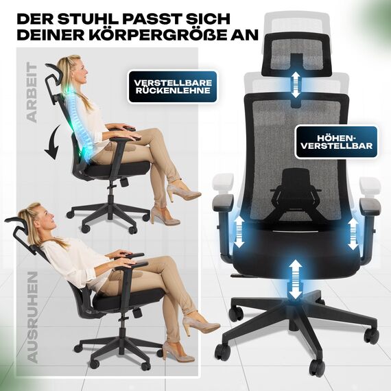 VALKENSTOL M3 Klassik Bürostuhl Ergonomisch Testsieger mit verstellbaren Armlehnen, Schreibtischstuhl mit Lendenwirbelstütze Rückenschonend, Bürostühle mit Kopfstütze, Bürodrehstuhl Office Chair
