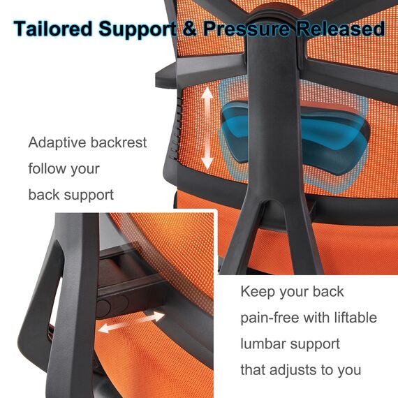HOLLUDLE Ergonomischer Bürostuhl mit Adaptiver Rückenlehne, Schreibtischstuhl mit 4D Armlehnen, Verstellbarer Sitztiefe, Lendenwirbelstütze und 2D Kopfstütze, Atmungsaktiver Netz-Chefsessel, Orange
