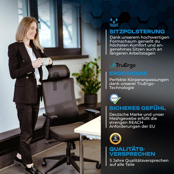 VALKENSTOL M3 Komfort Bürostuhl Ergonomisch Testsieger verstellbare Armlehnen, Schreibtischstuhl mit Lendenwirbelstütze Rückenschonend, Office Chair Bürostühle Verstellbare Sitztiefe Gesundes Sitzen