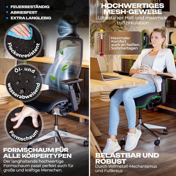 VALKENSTOL M6 Bürostuhl Ergonomisch Testsieger, auch bis 1,95m, Schreibtischstuhl mit Polster-Sitz, Office Chair mit adaptiver Lordosenstütze, Verstellbare Rückenlehne für Gesundes Sitzen, Chefsessel