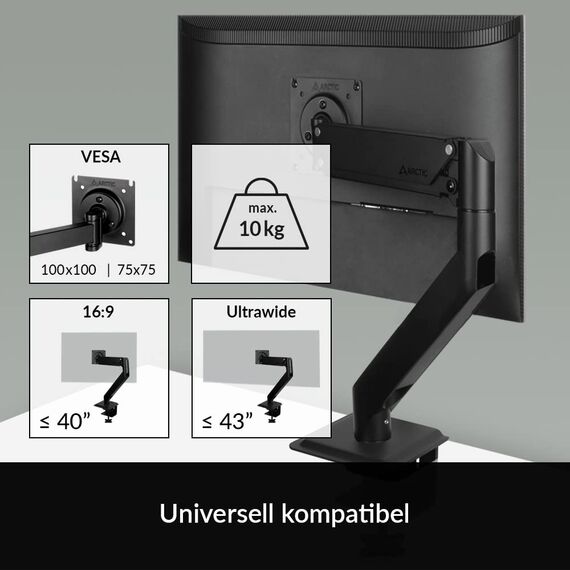 ARCTIC X1-3D (2er Bundle) - Monitor Halterung mit Gasliftarm für bis zu 40″/43″ Ultrawide, bis 10 kg pro Arm, VESA 75x75/100x100, neigbar, schwenkbar, höhenverstellbar - Schwarz