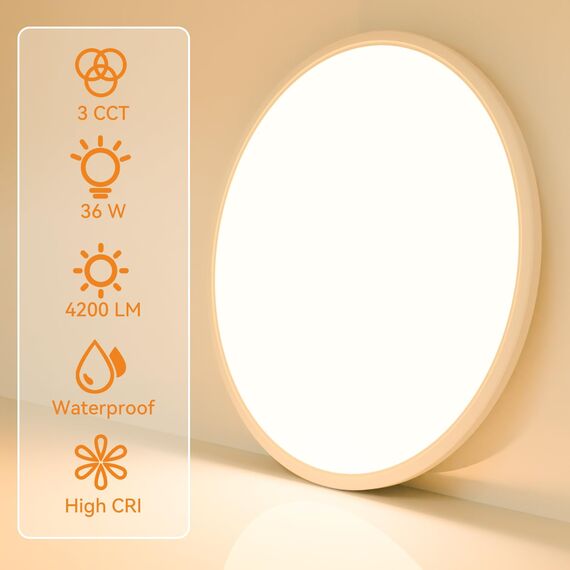slochi Deckenlampe LED Deckenleuchte Flach 36W, Ø40CM, 3Farben 3000K/4000K/6500K, IP44 Badlampe, 4200LM LED Lampe Decke Küchenlampe für küche Badezimmer Schlafzimmer Flur Wohnzimmer, 2Stück Weiß