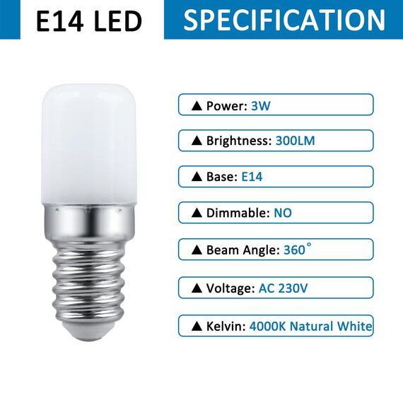 SCNNC LED Lampen T18 E14 Kühlschranklampe 3W AC 230V, 300LM Neutralweiß 4000K, Nicht Dimmbar, Entspricht 30W Glühbirne, Kühlschrankbirne E14 LED für Kühlschrank, Nähmaschine, Nachtlicht, 2 Stück
