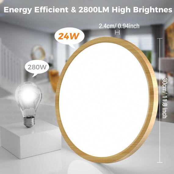 slochi LED Deckenleuchte Flach 24W 2800LM, 3Farben - 3000K/4000K/6500K, Ø30CM Deckenlampe IP54 Wasserfest Rund Badlampe, LED Lampen für küche Badezimmer Schlafzimmer Flur Wohnzimmer, 4Stück Wooden