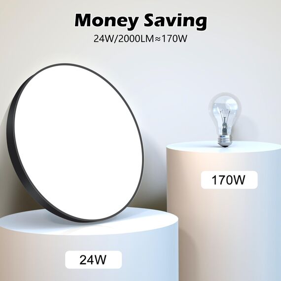LED Deckenleuchte Lampe Decke Deckenlampe LED Ø28cm 24W/6500K/2000LM/IP44 Wasserfest Badlampe Rund Modern Schlicht für Badezimmer, Schlafzimmer, Wohnzimmer, Küchenlampe, Kinderzimmer, Balkon-Schwarz