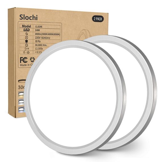 slochi LED Deckenleuchte Flach 24W 2800LM, 3Farben - 3000K/4000K/6500K, Ø30CM Deckenlampe IP54 Wasserfest Rund Badlampe, LED Lampen für küche Badezimmer Schlafzimmer Flur Wohnzimmer, 2pcs Nickelfarbe