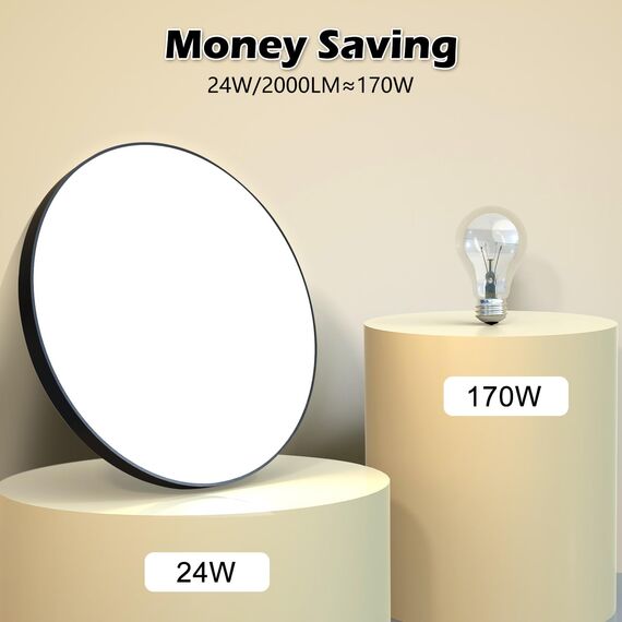 Deckenlampe LED Deckenleuchte Ø28cm 24W,4000K,2000LM,IP44 Wasserfest Rund Badezimmer Lampe,Küchenlampen Decke Badlampe Modern Schlicht Weiß Ultra Dünn Ideal für Bad/Balkon/Flur/Schlafzimmer-Schwarz