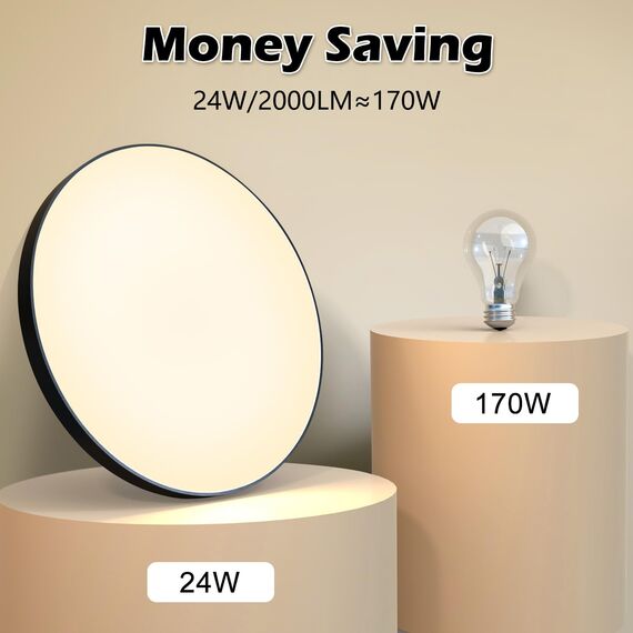 Deckenlampe LED Deckenleuchte Flach Lampe Decke Ø28cm 24W, 3000K, 2000LM, IP44 Wasserfest Rund Modern Schlicht Lampe für Badezimmer, Balkon, Schlafzimmer, Wohnzimmer, Küchenlampe, Kinderzimmer-Schwarz