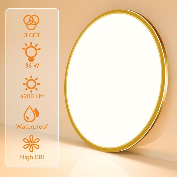 slochi Deckenlampe LED Deckenleuchte Flach 36W, Ø40CM, 3Farben 3000K/4000K/6500K, IP44 Badlampe, 4200LM Modern LED Lampe Decke Küchenlampe für küche Badezimmer Schlafzimmer Flur Wohnzimmer, Golden